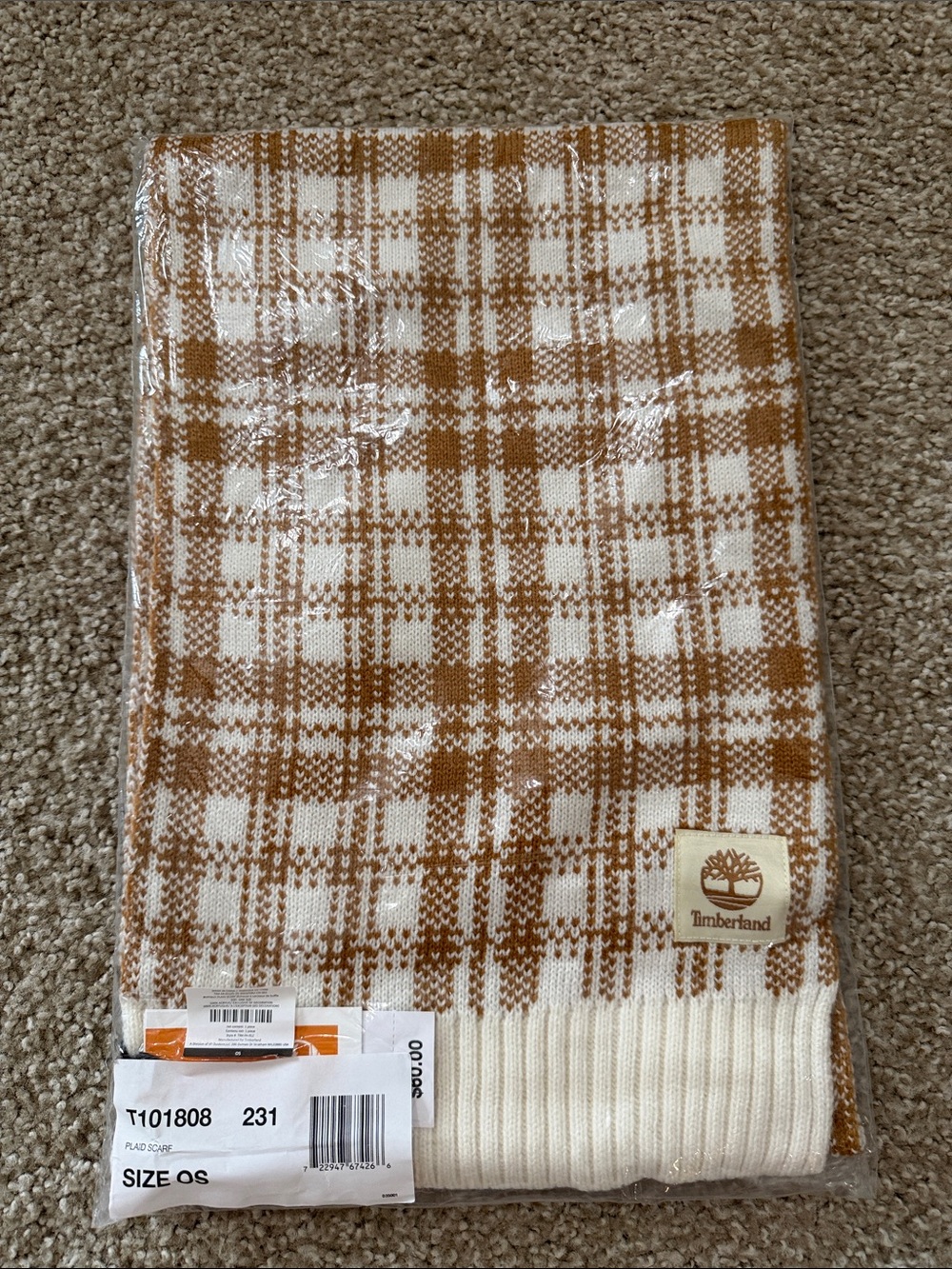 Timberland Cream and Brown Plaid Knit Scarf